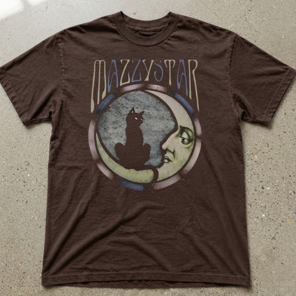 Mazzy Star Cat Moon Face Stained Glass Vintage Brown T-Shirt